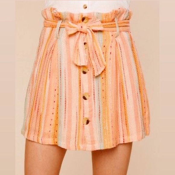 Altar'd State Dresses & Skirts - Altar'd State Soft Peach Tie Paperbag Skirt Button Fly Striped Size Medium